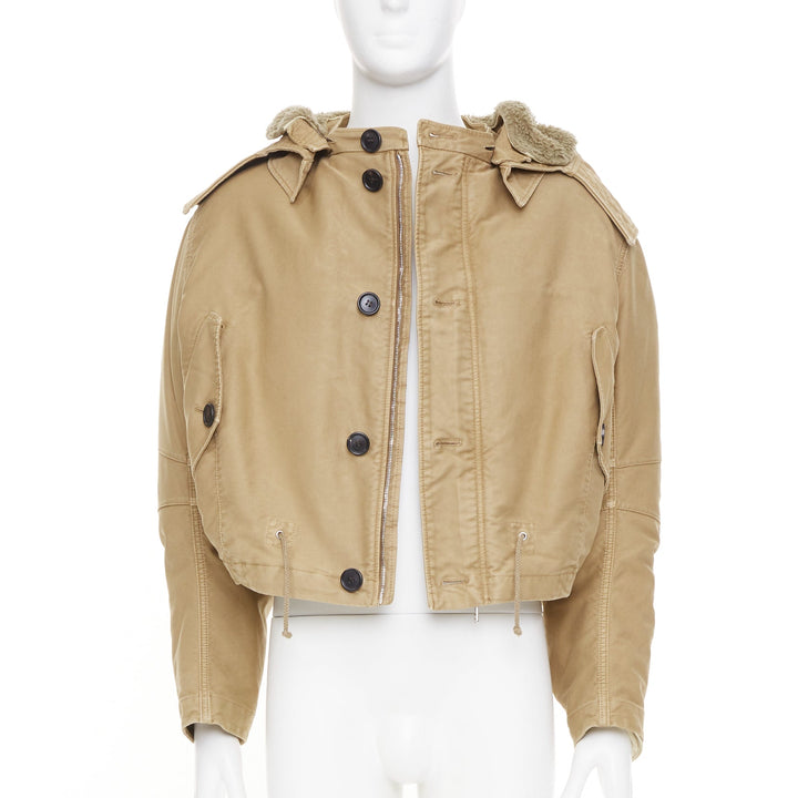 PRADA 2023 Runway shearling trim canvas hooded cropped bomber jacket IT48 M