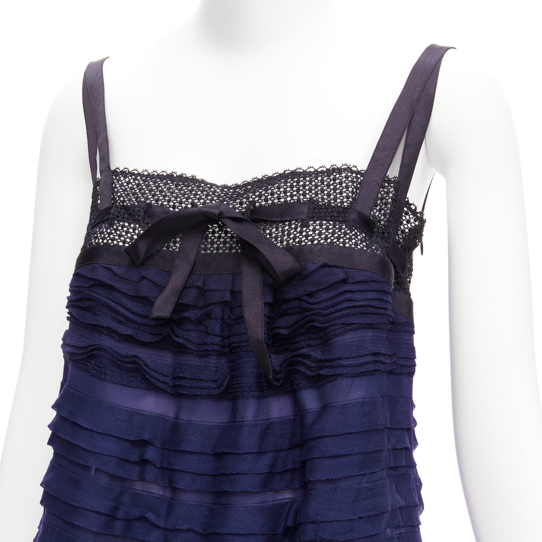 CHANEL black navy CC logo ribbon pleat tiered layered vest top FR40 L