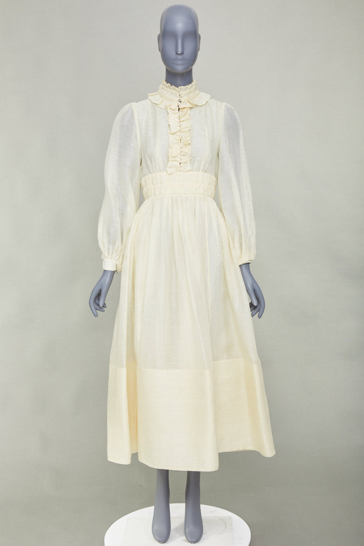 ZIMMERMANN 2021 Luminous ruffle trim cream linen silk midi dress Sz1 S