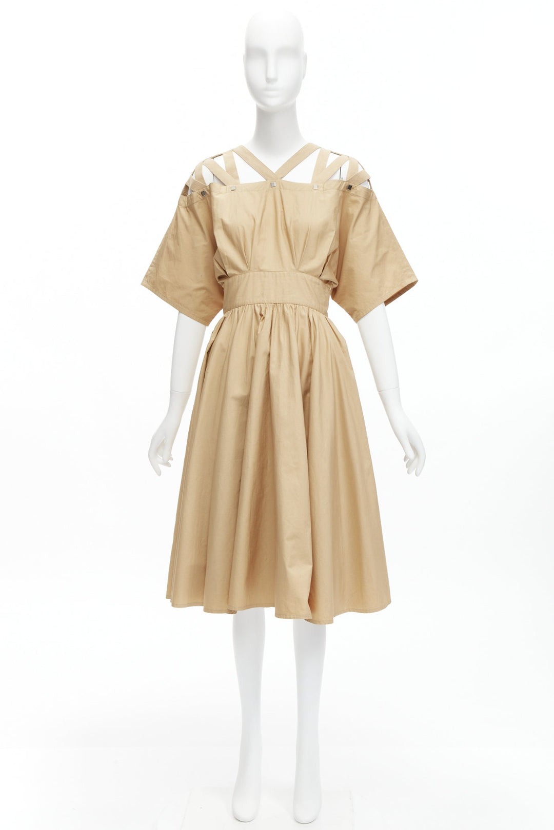 THIERRY MUGLER Vintage khaki cotton strappy shoulder square studs dress IT9A3 S
