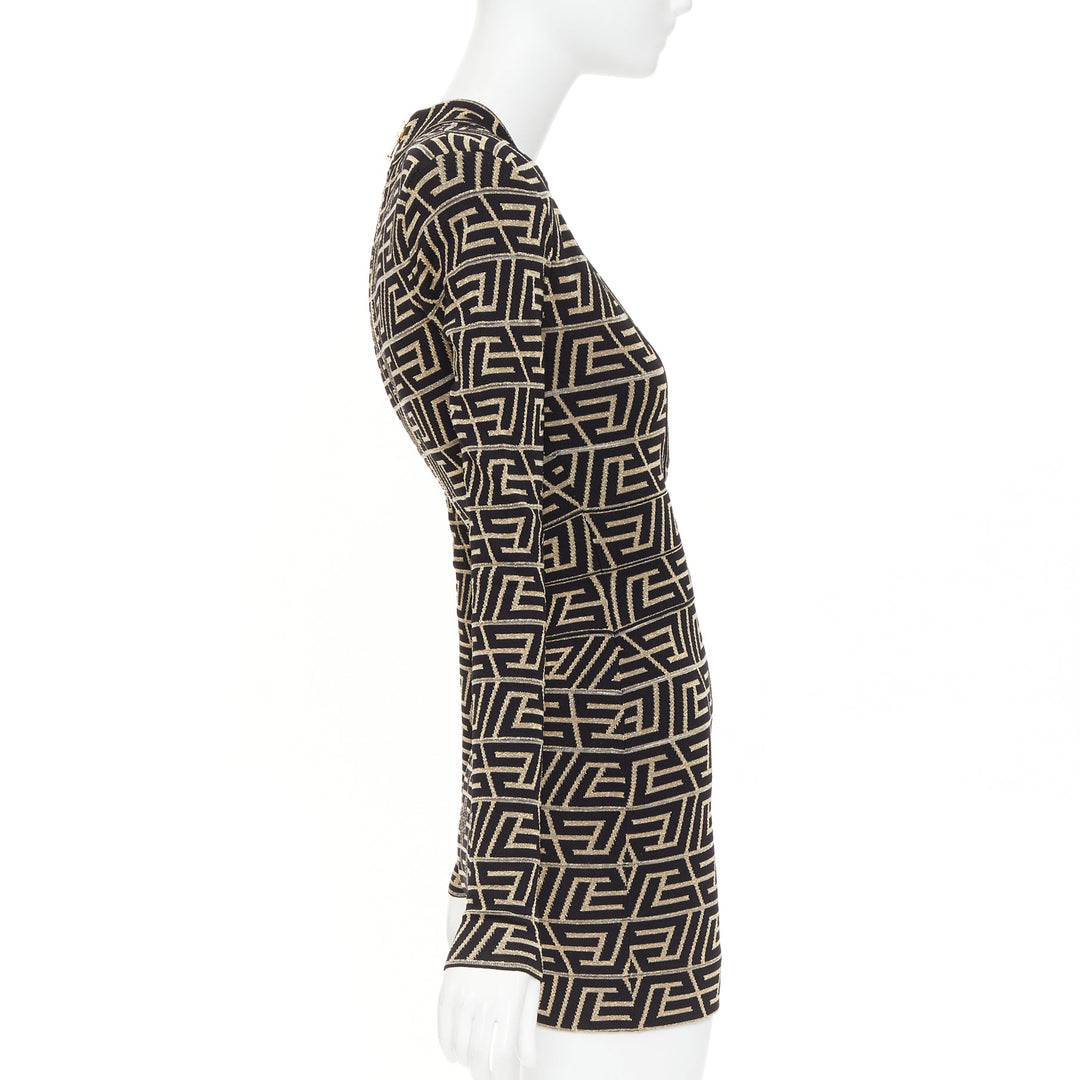BALMAIN Monogram Knit Dress gold black geometric metallic brocade jersey dress