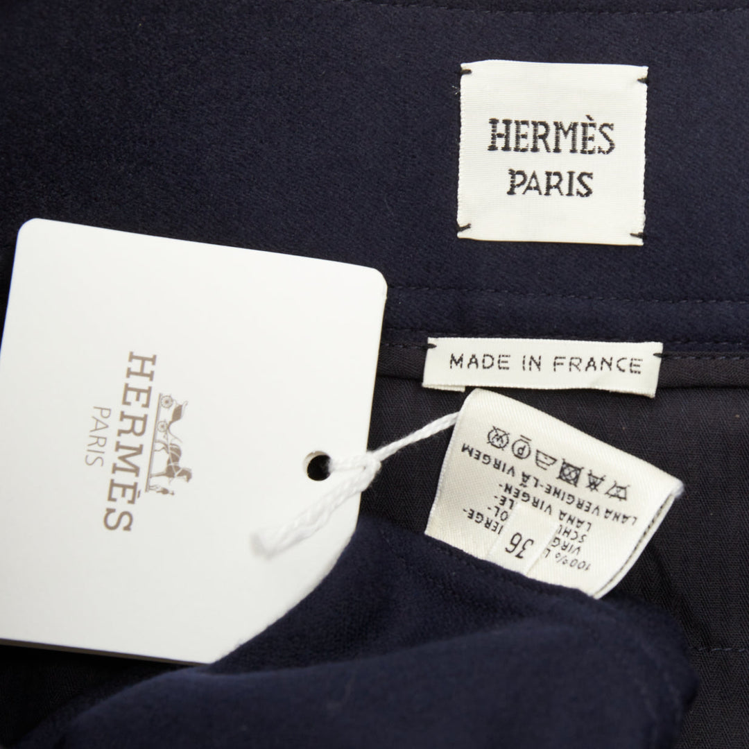 HERMES navy flanelle de laine legere buckle belt button front midi skirt FR36 S