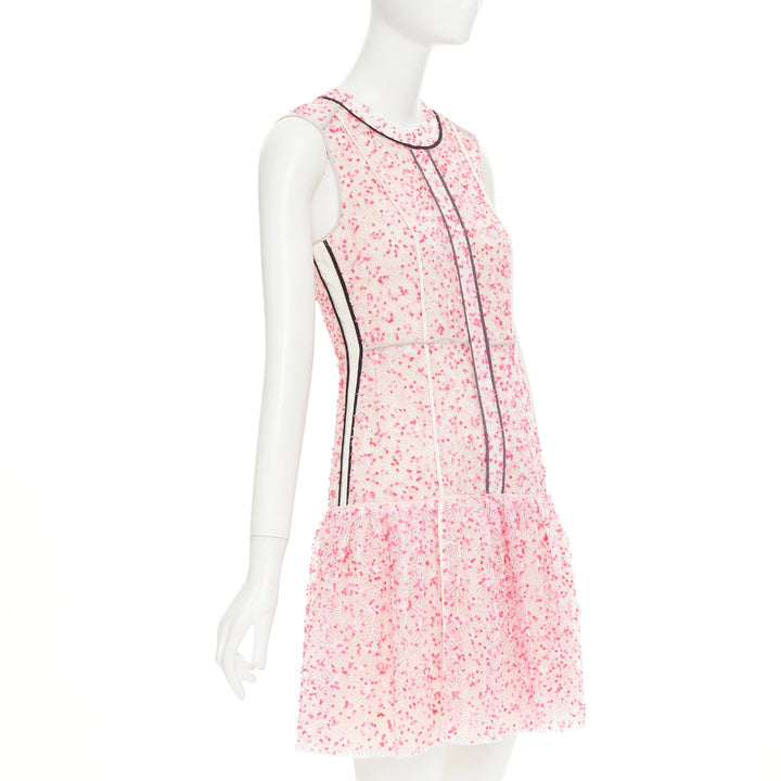 FENDI Flocked Blossom pink sheer black trim drop waist mini dress IT42 M