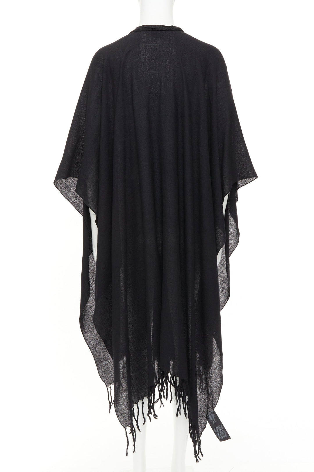 SAINT LAURENT 2016 Runway Hedi Slimane black wool fringed tassel tie cape poncho