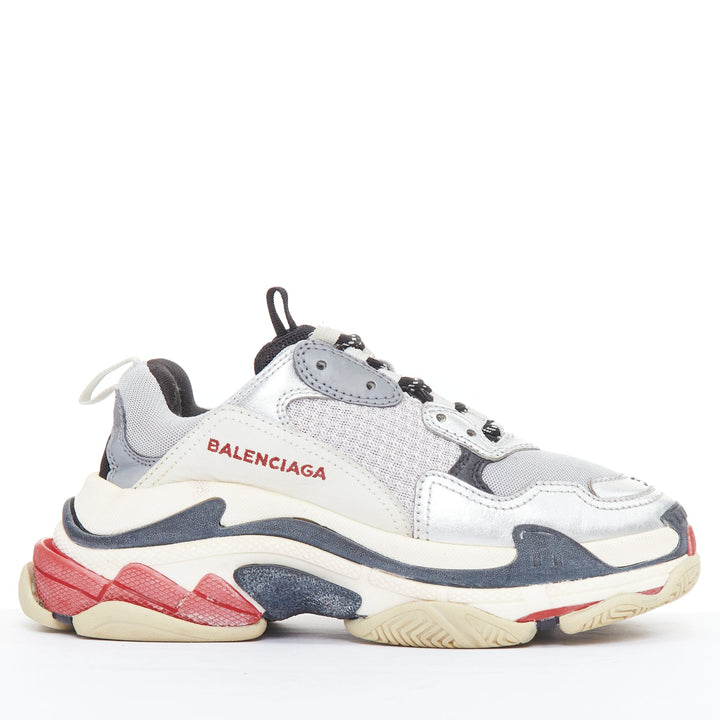 Female mannequin wearing Balenciaga by Demna Triple S Multicolour Leather Women Sneakers in Size EU36 | Available at JHROP