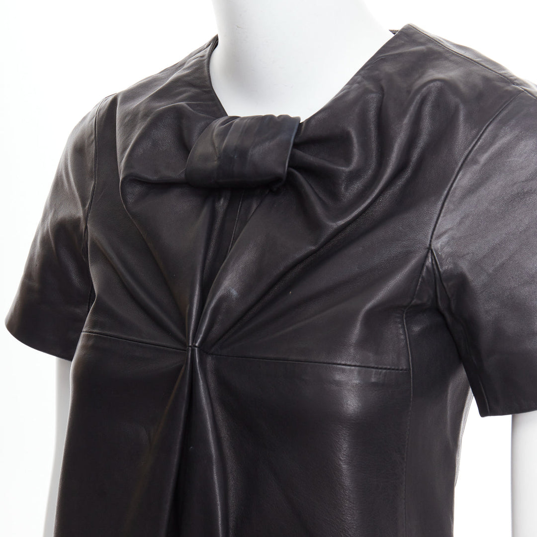 CESARE FABBRI black bow leather silk lined short sleeve dress IT40 S