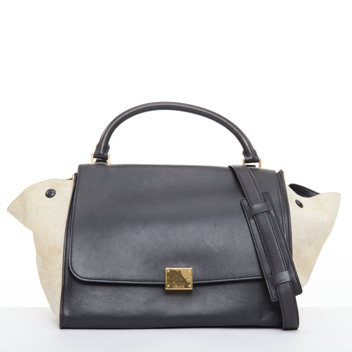 CELINE Trapeze black smooth leather cream canvas crossbody satchel bag