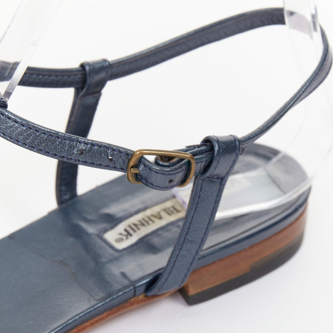 MANOLO BLAHNIK Vintage blue metallic jewel embellished tstrap sandals EU37.5