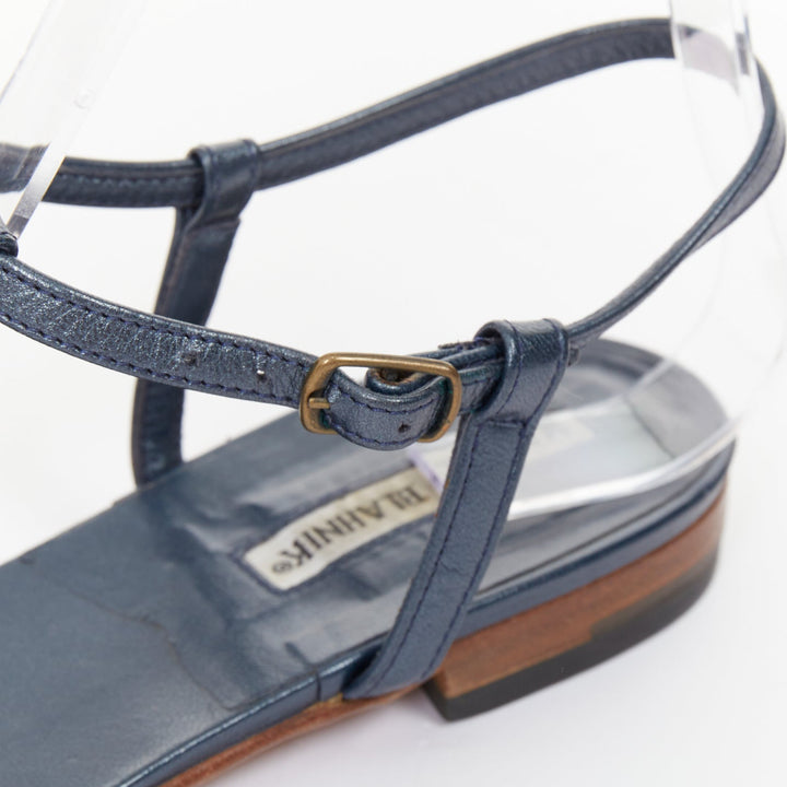 MANOLO BLAHNIK Vintage blue metallic jewel embellished tstrap sandals EU37.5