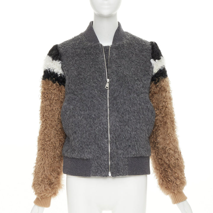 NO. 21 grey tan brown alpaca mohair blend fluffy sleeve  bomber jacket IT40 S
