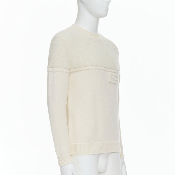 Male mannequin wearing Fendi Cream Wool Men Sweater in Size IT46 | Available at JHROP