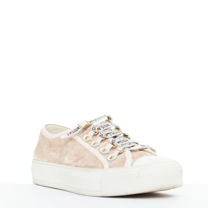 CHRISTIAS DIOR WalknDior pink velvet logo lace up low platform sneakers EU37.5
