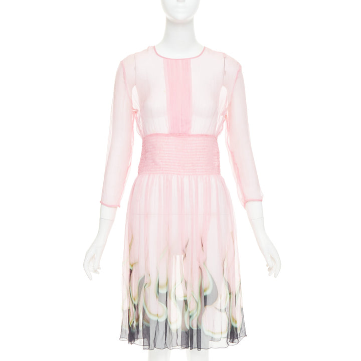 rare PRADA 2012 pink sheer silk chiffon green black flame knee dress IT42 M