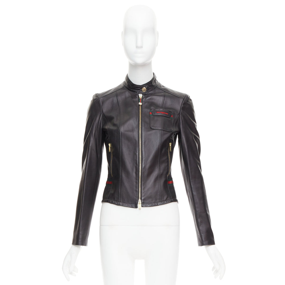 GUCCI Vintage black leather green red web moto biker jacket IT38 XS