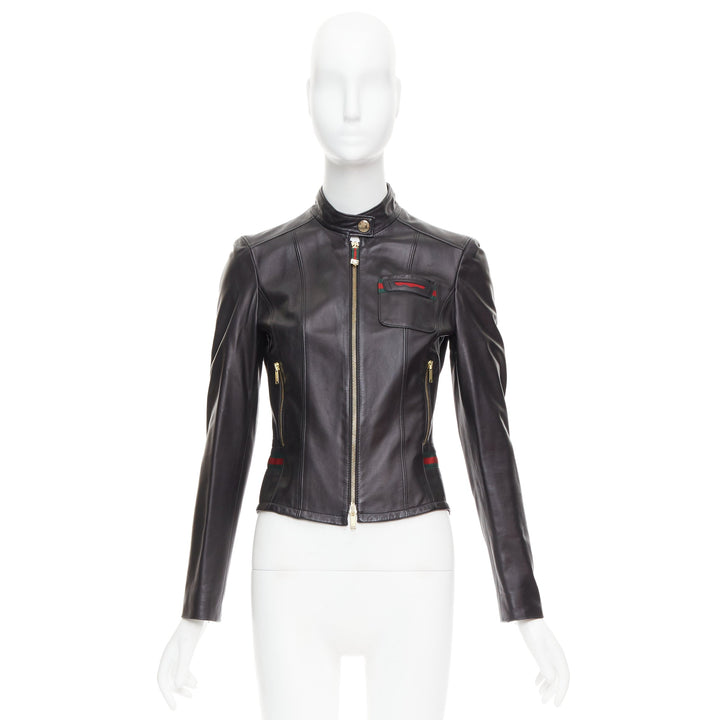GUCCI Vintage black leather green red web moto biker jacket IT38 XS