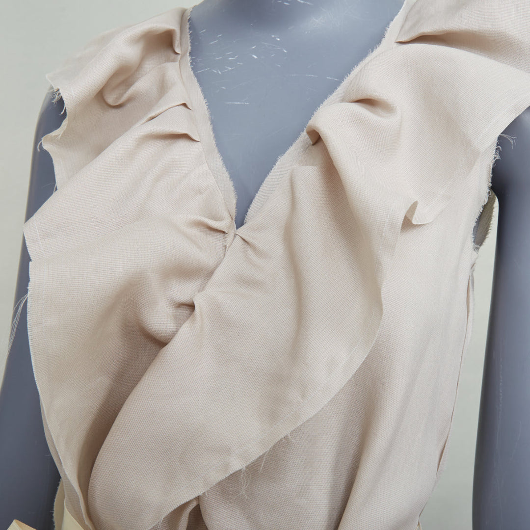 LANVIN 2008 light grey ruffle silk sleeveless bow belted mini dress FR34 XS