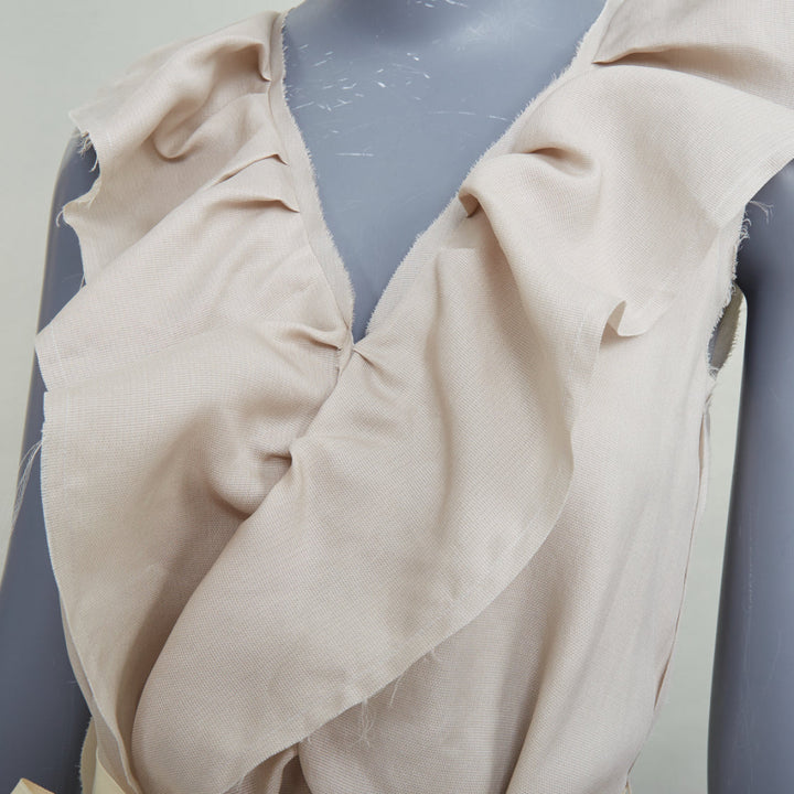 LANVIN 2008 light grey ruffle silk sleeveless bow belted mini dress FR34 XS