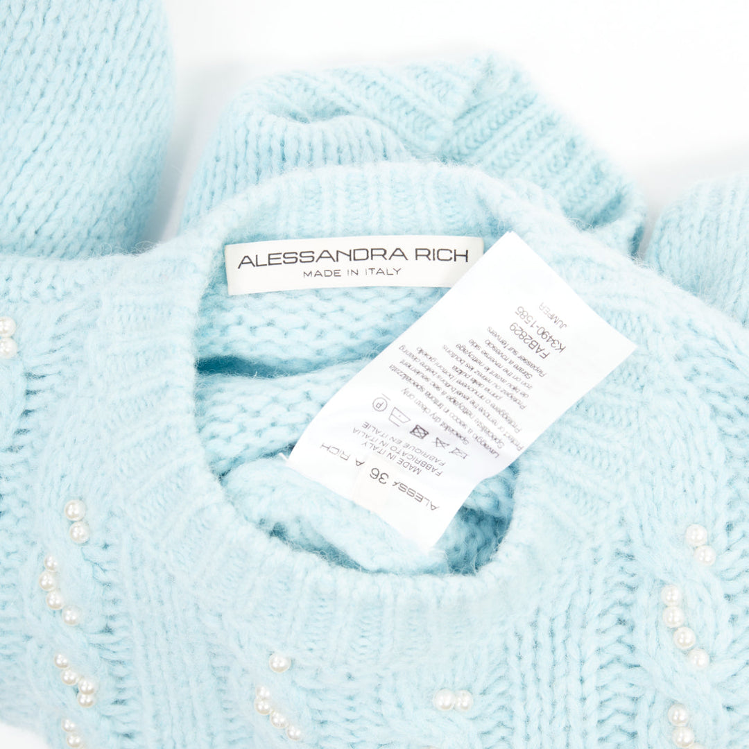 ALESSANDRA RICH pastel blue alpaca pearl embellished cable sweater IT36 XXS