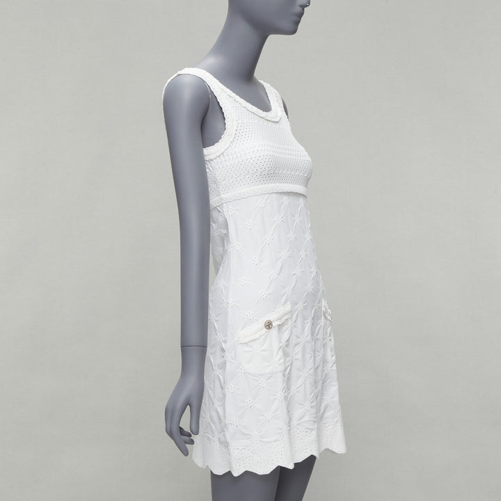 CHANEL Karl Lagerfeld 2011 CC buttons white lace knitted mini dress FR34 XS