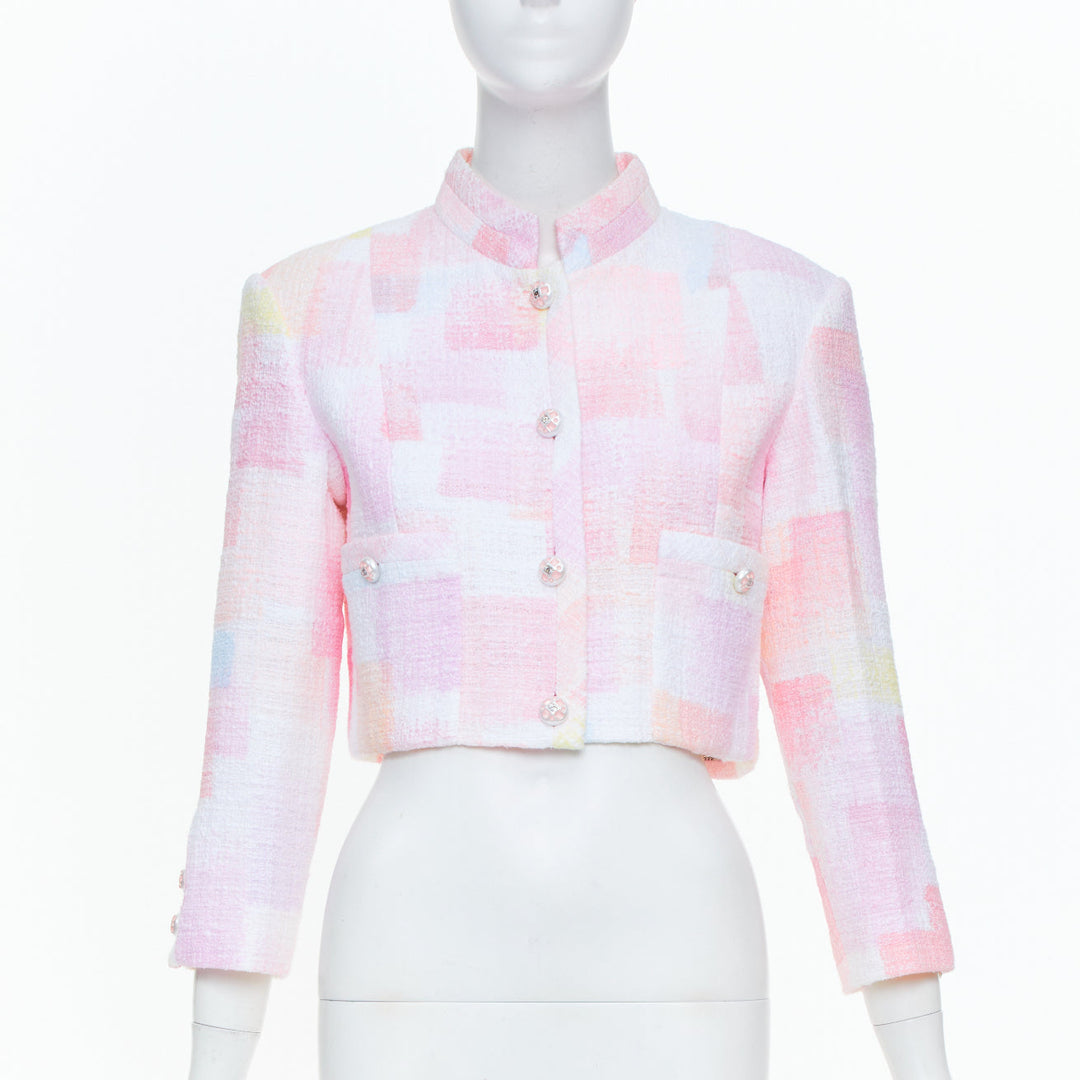 CHANEL 2023 Runway pastel pink painted check pearl button crop tweed jacket FR36