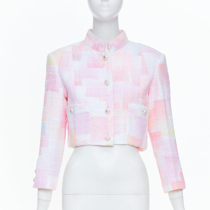 CHANEL 2023 Runway pastel pink painted check pearl button crop tweed jacket FR36