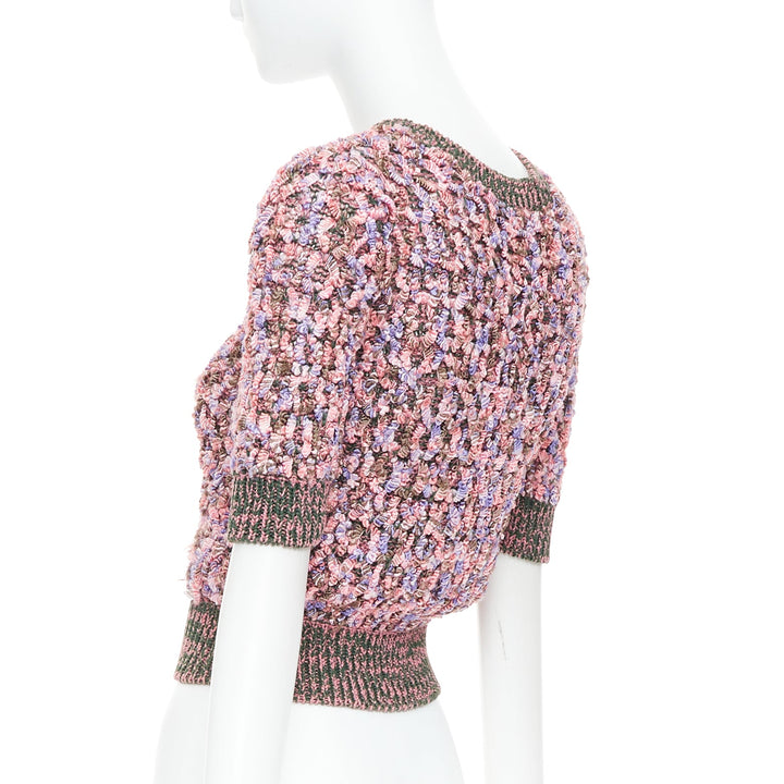 CHANEL 2015 pink green textured boucle knit CC resin crop sweater FR34 XS