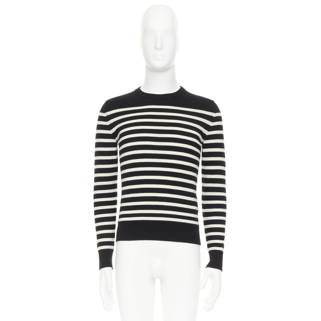 SAINT LAURENT 2017 100% Cashmere black white horizontal striped crew sweater XS