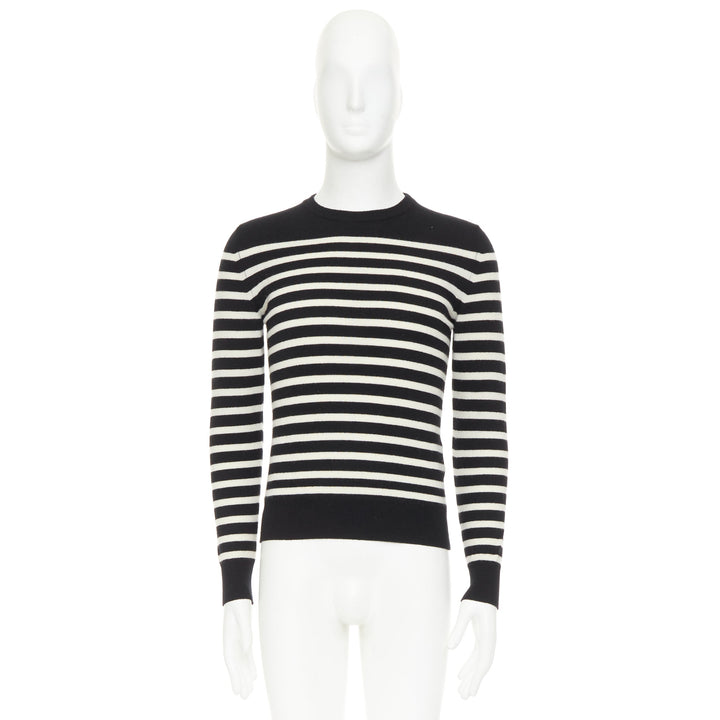SAINT LAURENT 2017 100% Cashmere black white horizontal striped crew sweater XS