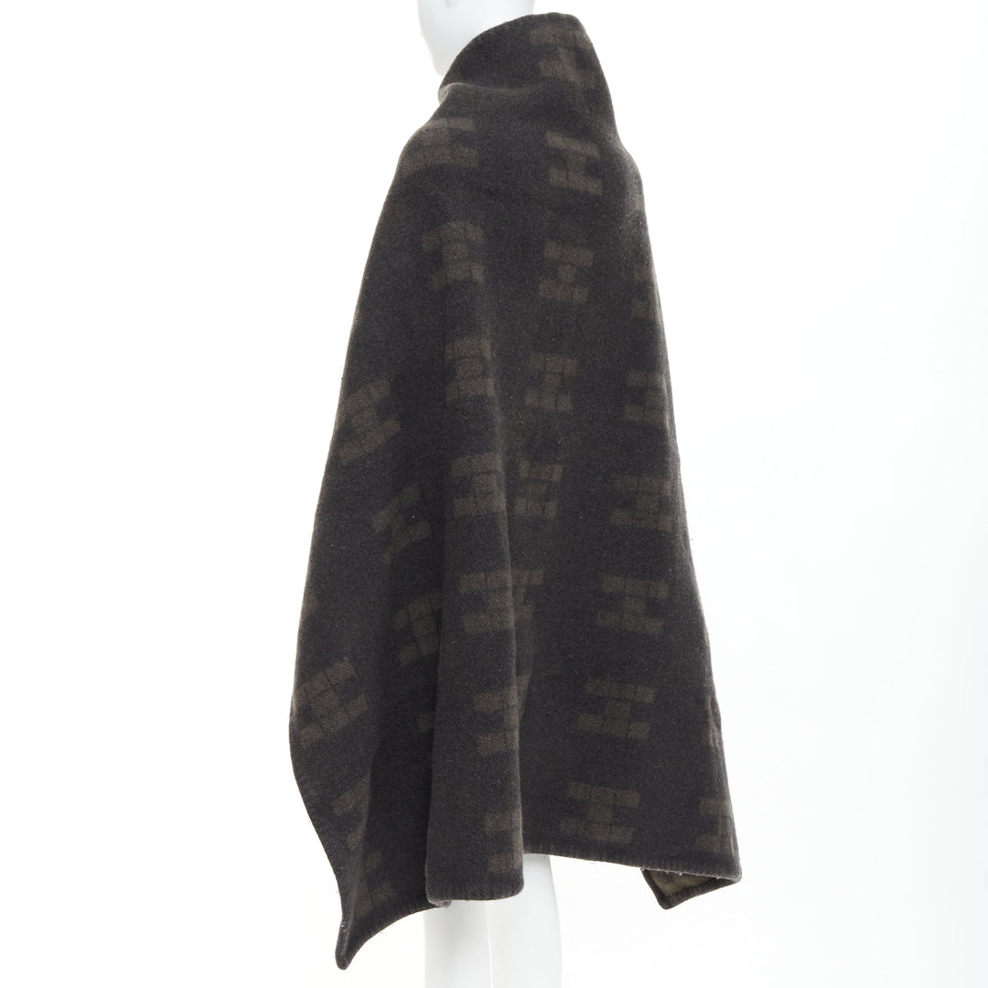 HERMES Vintage dark grey khaki H logo big square throw blanket