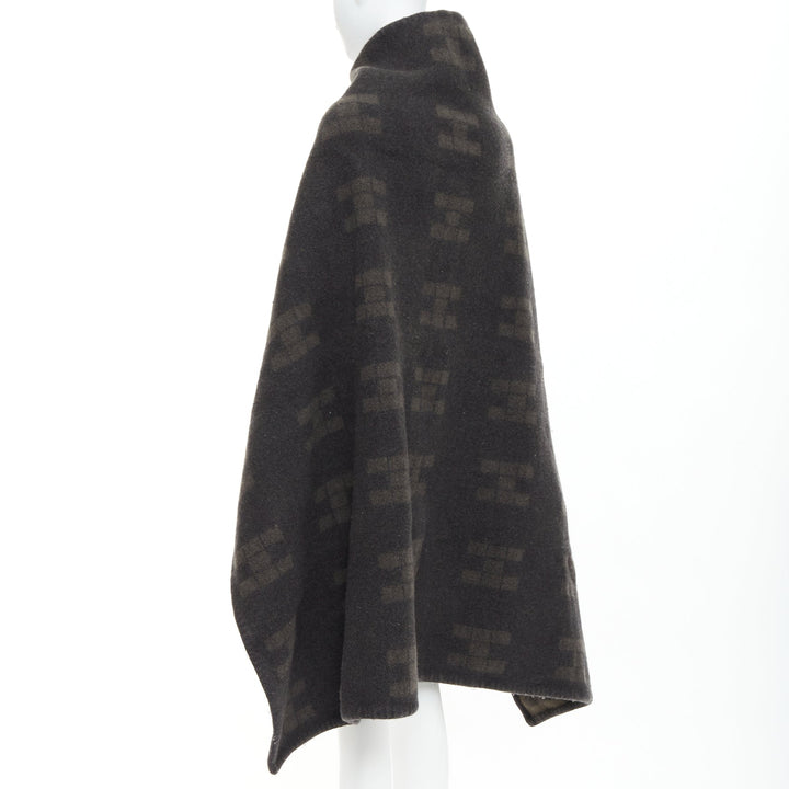 HERMES Vintage dark grey khaki H logo big square throw blanket