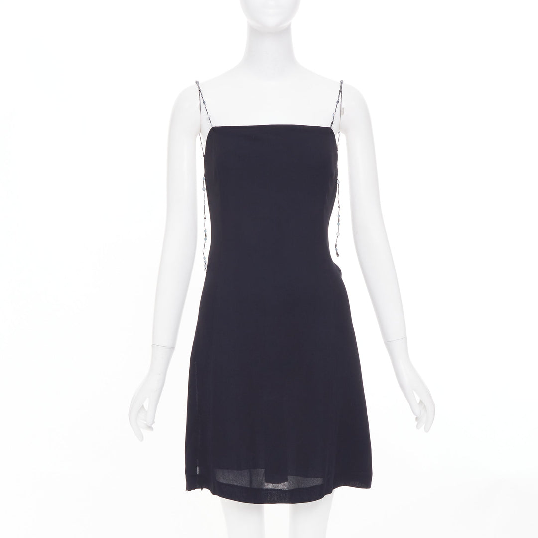 EMPORIO ARMANI Vintage beaded strap black square neck slip mini dress IT38 XS