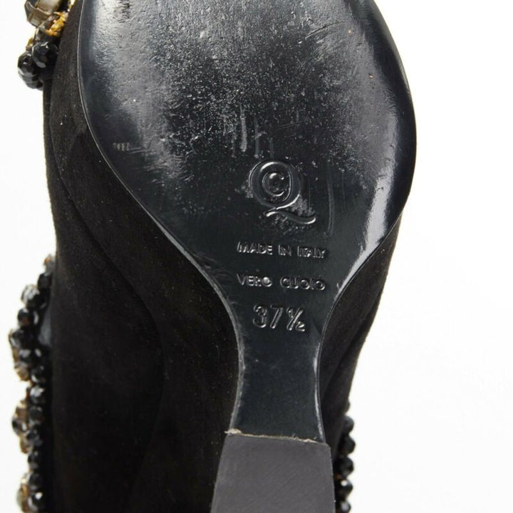 ALEXANDER MCQUEEN black suede gold jewel strap peep toe curved heel wedge EU37.5