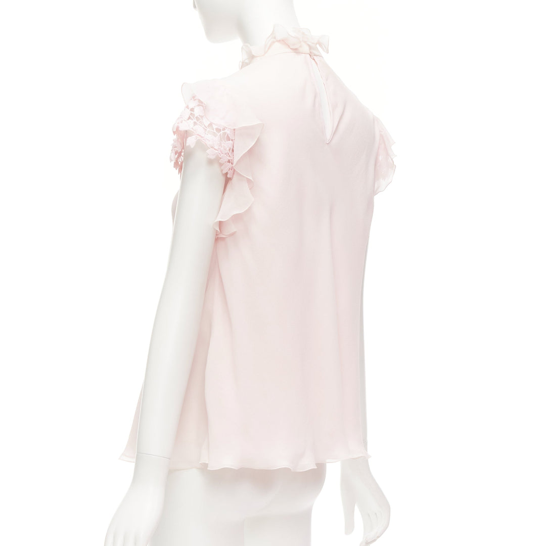 GIAMBATTISTA VALLI 100% silk light pink ruffle trim lettuce hem blouse IT40 XS