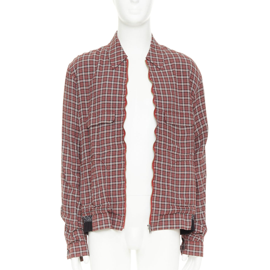 UNDERCOVER red green grey plaid check wool rib zip bomber shirt JP4 XL