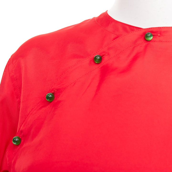SAMUEL GUI YANG LABELHOOD red satin green button chinois sleeve top skirt set