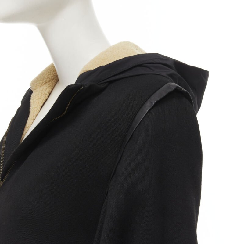 MAJE black fully shearling lined leather trim flared back coat FR36 S