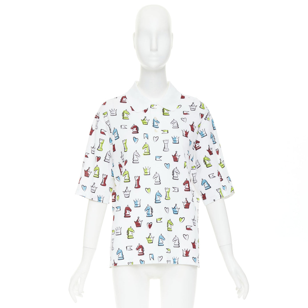 HERMES 2022 white multicolor animal chess print playgrounds cotton polo shirt S