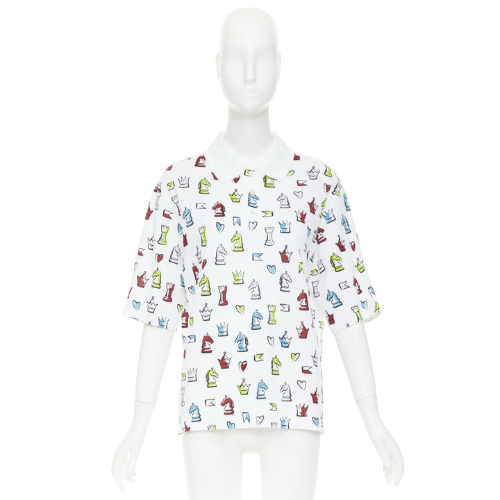 HERMES 2022 white multicolor animal chess print playgrounds cotton polo shirt S