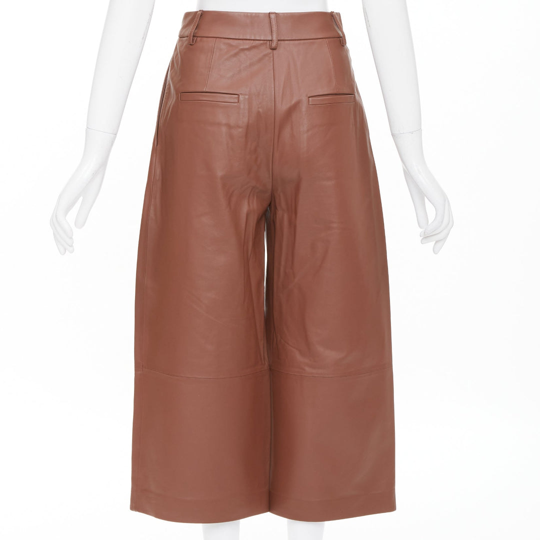 TIBI reddish brown lambskin leather pleated high waisted cropped pants US00 XXS