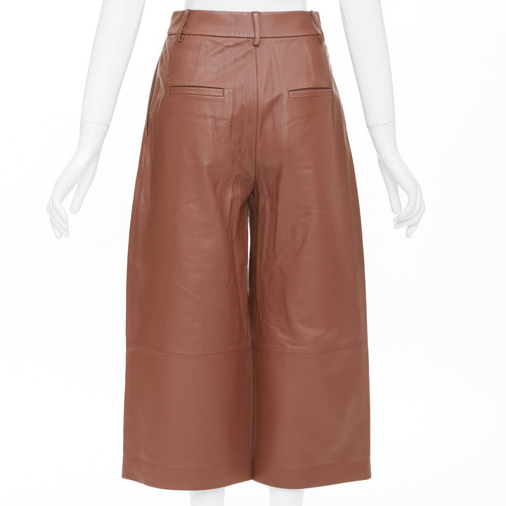 TIBI reddish brown lambskin leather pleated high waisted cropped pants US00 XXS