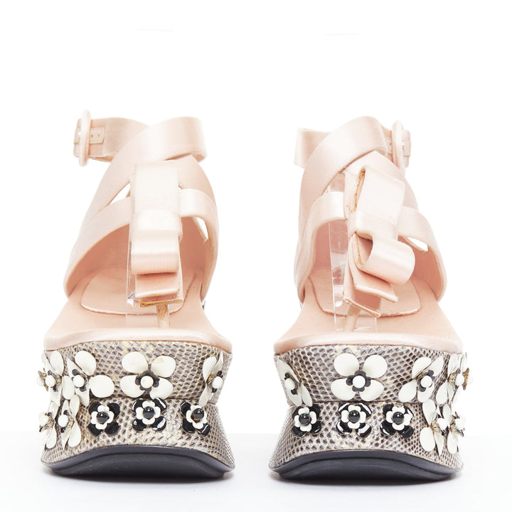 rare PRADA 2013 Runway pink satin floral petal embellished Geisha platform EU36