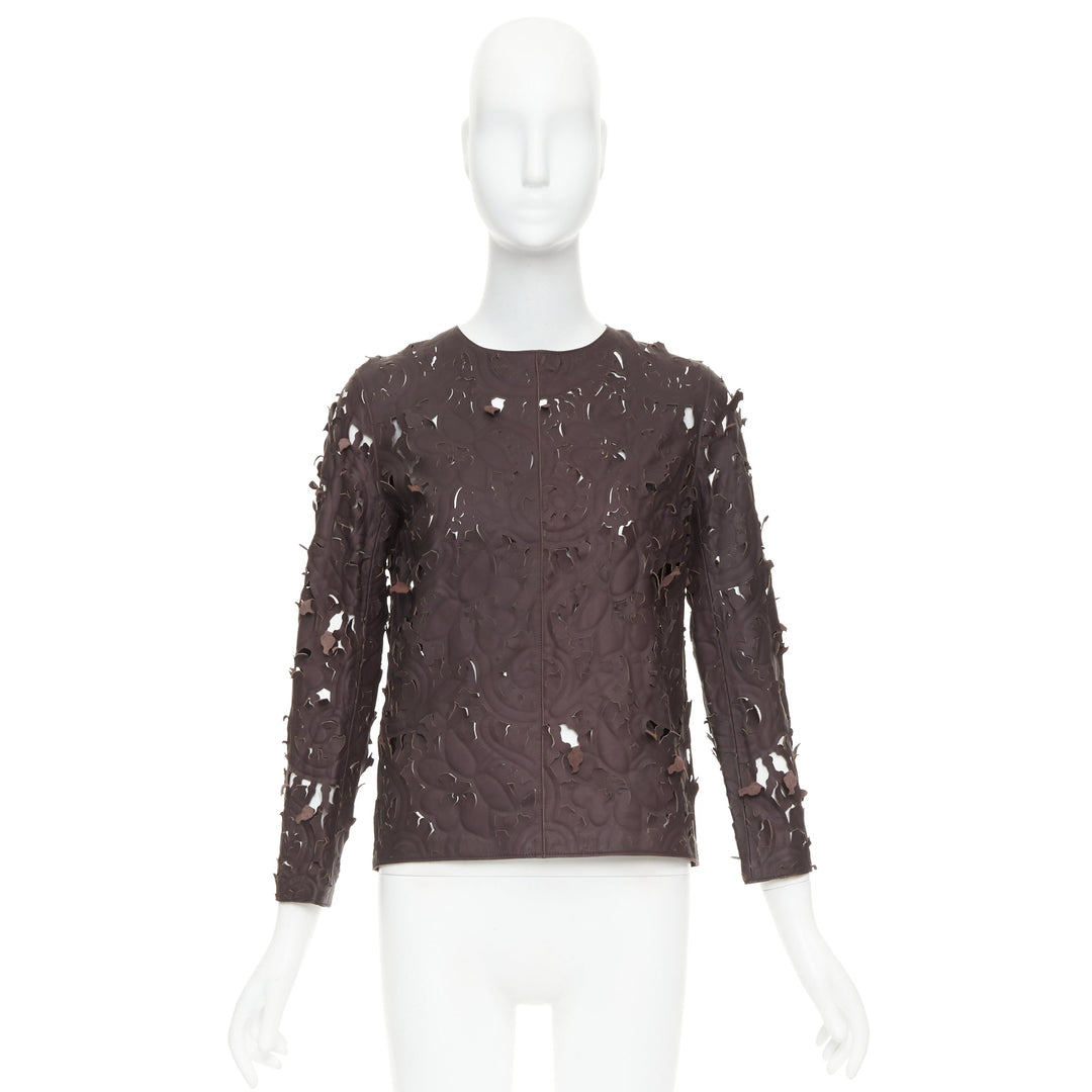 rare CARVEN Cassis brown laser cut lambskin leather floral top FR36