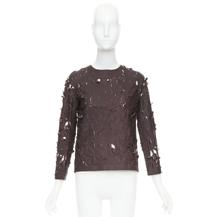 rare CARVEN Cassis brown laser cut lambskin leather floral top FR36