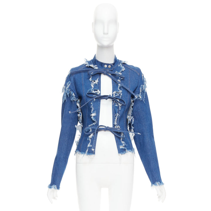 LADO BAKUCHAVA blue distressed shredded denim tie front jacket XS