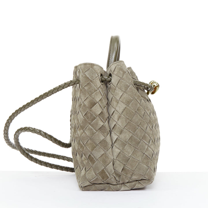 BOTTEGA VENETA Small Andiamo grey intrecciato suede gold knot tote bag