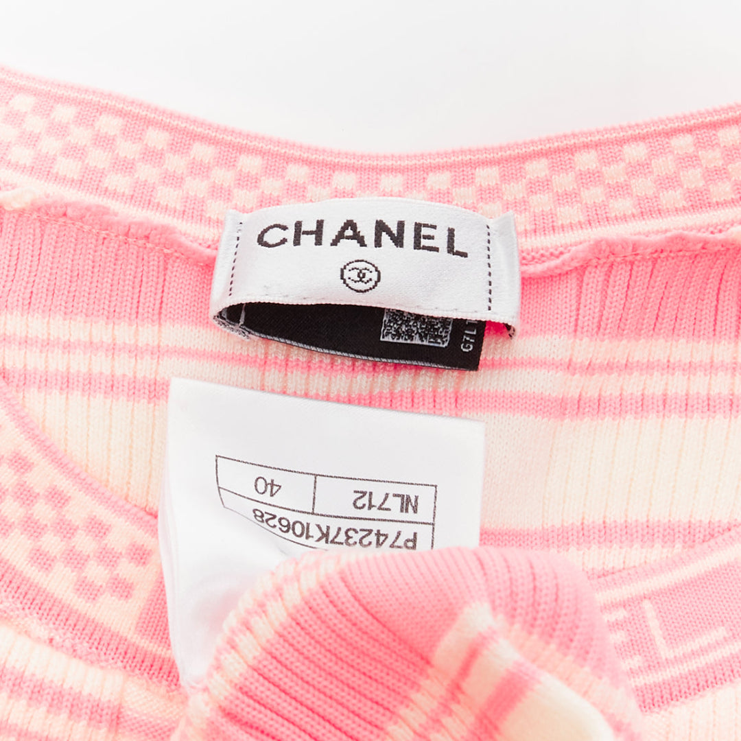CHANEL 23C white pink stripe logo charm short sleeve ribbed sweater FR40 L