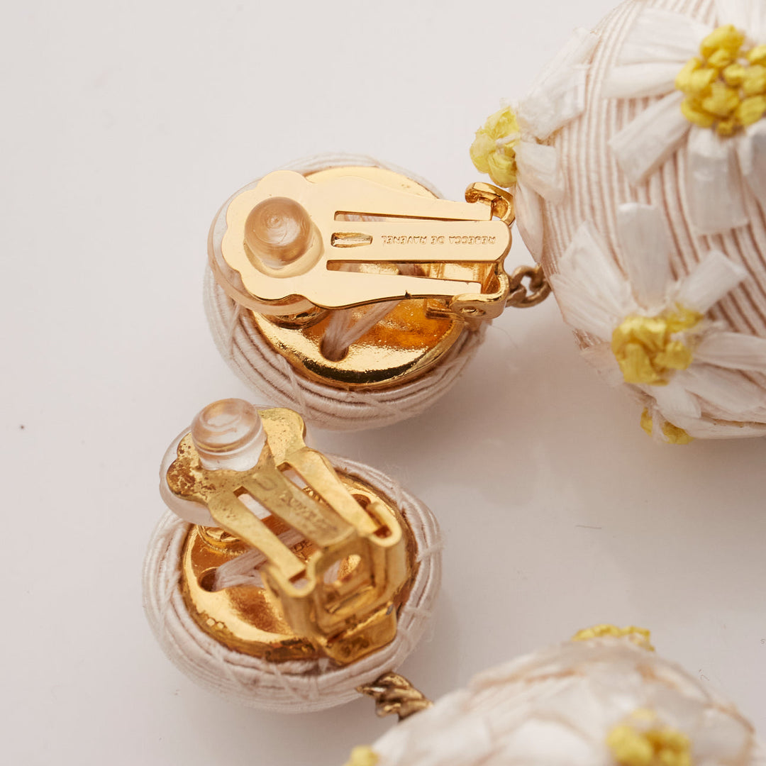 REBECCA DE RAVENEL cream yellow daisy applique clip on drop earrings