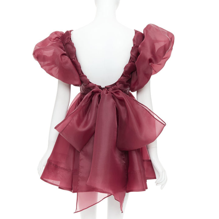 AJE Greta maroon burgundy organza puff sleeve mini dress UK6 XS