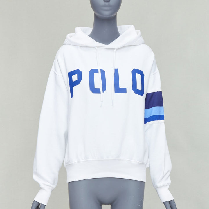 POLO RALPH LAUREN white blue cotton blend logo stripe arm hoodie XS