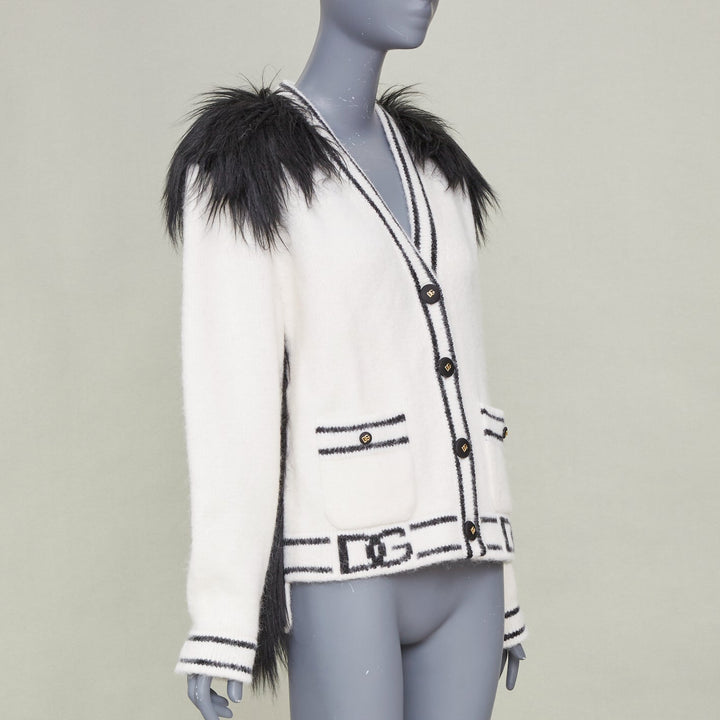 DOLCE GABBANA 2021 Runway faux fur panel logo alpaca knitwear cardigan IT38 XS